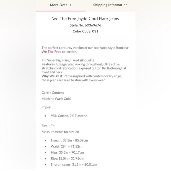 Free People- We The Free Jayde Cord Flare Jeans 
Size 24 NWT - Picture 12 of 13